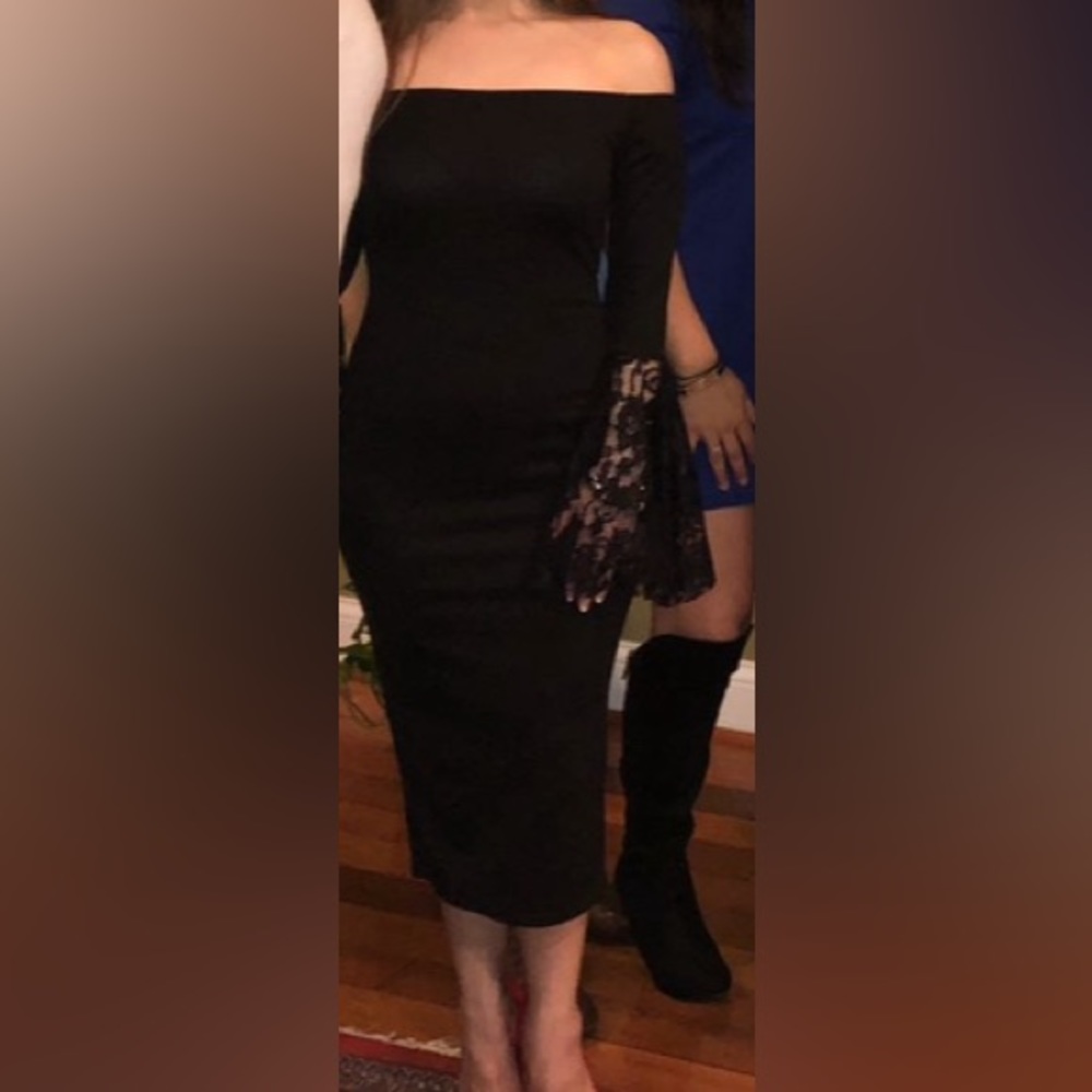 Bodycon Midi Dress with Long Lace Sleeve Off Shoulder